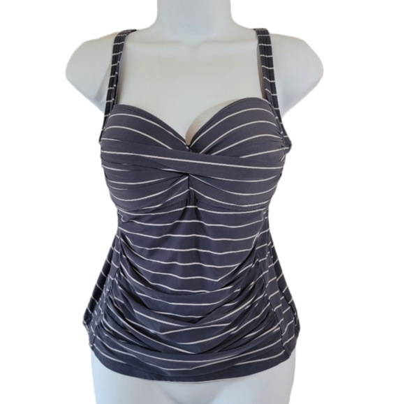 Bond-Eye Australia Tankini Sz 10 Gray/White Stripe Wired Bra Pleated Beach - Picture 9 of 9